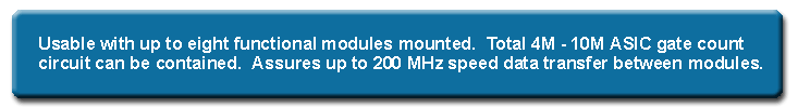 Base system for which high speed operation of 200MHz can be guaranteed. A maximum of 8 functional modules mounted with Field Programmable Gate Arrays (FPGA) or various types of memory can be mounted.
200MHz clock for data transmission between each functional module is achieved, so real time emulation is possible.By mounting a combination of several functional modules, it is possible to create a flexible verification environment to suit the customer's circuit scale or development environment.