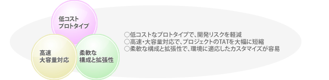 ○低コストなプロトタイプで、開発リスクを軽減　○高速・大容量対応で、プロジェクトのTATを大幅に短縮　○柔軟な構成と拡張性で、環境に適応したカスタマイズが容易